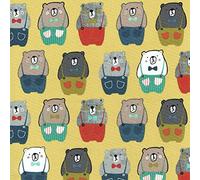 Textiles français BIG FRIENDLY BEAR children’s fabric - blue, red, teal, olive green, turquoise, apricot, black & white on mustard yellow | 100% Cotton | 160cm wide | Per half metre length increment*