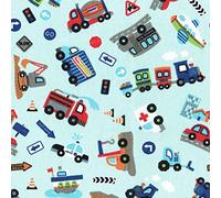 Textiles français On The Move fabric - Multicoloured vehicles on Sky Blue base cloth | 100% Cotton Designer Print Children’s Fabric | 160 cm (63 inches) wide | Per half metre length increment*