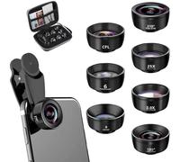 Textiluxe 7-in-1 Mobile Phone Lens Kit, Fisheye Lens 210° Wide Angle 120° Macro Lens (25x) Star Filter Telephoto, Kaleidoscope, CPL/Star Filter for iPhone and Most Smartphones