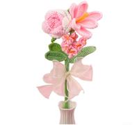 Textural Crochet Bouquet Composed Of Roses Tulips And Forget Me Nots For Layered Shelf Or Console Display(Pink2)