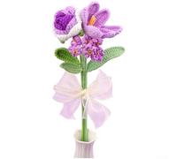 Textural Crochet Bouquet Composed Of Roses Tulips And Forget Me Nots For Layered Shelf Or Console Display(Purple)