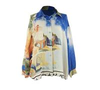TEXTURE Ladies Women Italian Lagenlook Batwing Long Sleeve Collar Button Watercolour Print Linen Shirt One Size (UK, Alpha, One Size, Regular, Regular, Royal Blue)
