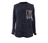 TEXTURE Ladies Women Italian Lagenlook Leopard Sequin Trim Long Sleeve One Pocket Lurex Knit Jumper Sweater One Size (UK, Alpha, One Size, Regular, Regular, Navy)