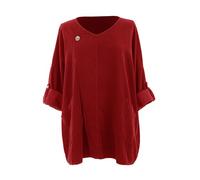 TEXTURE Ladies Women Italian Lagenlook Long Sleeve V Neck Button Detail 2 Pocket Corduroy Top One Size (UK, Alpha, One Size, Regular, Regular, Burgundy)
