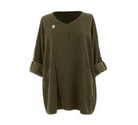 TEXTURE Ladies Women Italian Lagenlook Long Sleeve V Neck Button Detail 2 Pocket Corduroy Top One Size (UK, Alpha, One Size, Regular, Regular, Khaki)