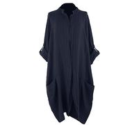 TEXTURE Ladies Women Italian Lagenlook Plain Band Collar Long Sleeve 2 Pocket Tulip Linen Jacket One Size (UK, Alpha, One Size, Regular, Regular, Navy)