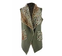 TEXTURE Ladies Women Italian Lagenlook Reversible 2 Pocket Waterfall Leopard Print Faux Fur Suede Gilet Waistcoat One Size (UK, Alpha, One Size, Regular, Regular, Khaki)
