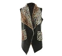 TEXTURE Ladies Women Italian Lagenlook Reversible 2 Pocket Waterfall Leopard Print Faux Fur Suede Gilet Waistcoat One Size (UK, Alpha, One Size, Regular, Regular, Black)