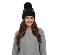 TEXTURE Ladies Women Pearl Diamond Knit Pattern Cashmere Wool Fleece Lined Faux Fur Bobble Pom Pom Beanie Winter Hat (Black)