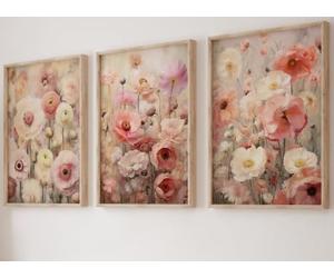 Texture Style Beautiful Pink Ranunculus Flowers Wall Art Set of 3 Unframed Poster Prints, Botanical Plant Decor, Living Room Bedroom Bathroom Poster Home Decor, Digital Art, Persian Buttercup (A3)