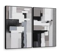 Textured Abstract Wall Art 3D Hand-painted Plaster Neutral Taupe Black White Tones Painting - Distressed Dimensional Minimalist Modern Living Room Bedroom Decor Framed Set of 2-24"x36" Each