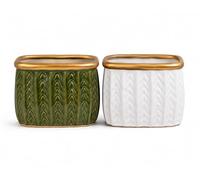 Textured Ceramic Planter Pots (Set of 2), Gold Rim Chevron Design with Drainage Hole, 11.5x11.5x9cm Decorative Succulent & Herb Pots for Indoor Plants, Shelves & Tabletop Décor