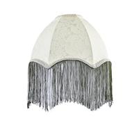 Textured Cream Floral Victorian Velvet Lamp Shade with Long Forest Green and White Tassels | 30cm x 20cm | Embroidered Vintage Design by Happy Homewares