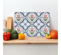 Textured Glass Chopping Board Worktop Saver for Kitchens, Durable, Easy-Clean, Scratch Resistant, Hygienic, Non Slip Feet, Tulip Flower Print Rectangular Large Size 39cm x 29cm