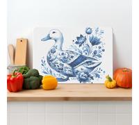 Textured Glass Chopping Board Worktop Saver for Kitchens, Durable Easy-Clean Scratch Resistant Hygienic Non Slip Feet, Delft Duck Print Rectangular 39cm x 29cm