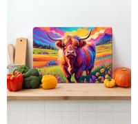 Textured Glass Chopping Board Worktop Saver for Kitchens, Durable, Easy-Clean, Scratch Resistant, Hygienic Glass, Non Slip Feet, Abstract Highland Cow, Available in Two Sizes (M)