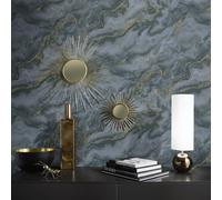Navy Marble Effect Wallpaper White Gold Metallic Shimmer Textured Thick Vinyl