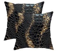 Textured Pillow Covers Set of 2, Black and Gold Crocodile Print Throw Pillow Cases, Stylish Decorative Cushions for Home Sofa Bed Couch 16x16 Inch