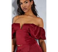 Textured Satin Pleated Bust Frill Bardot Top MissPap Berry 10