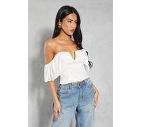 Textured Satin Pleated Bust Frill Bardot Top MissPap Ivory 8