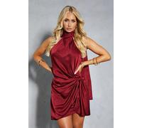 Textured Satin Scarf Detail Ruched Wrap Mini Dress MissPap Berry 6
