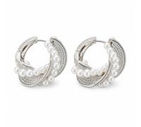 Textured Wrapped Pearl Earrings for Women, Unique French Retro Multi-Line Silver Circle Studs, Versatile Gentle Niche Pearl Ear Jewelry for Daily Commute