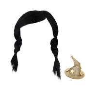 Texvora 2 Pcs Dog Wig And Golden Wizard Hat Sets For Halloween, Double Ponytail, Party Costume For Small To Medium Breeds, Adjustable And Comfortable