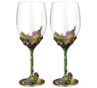 Texvora 2 Pcs Wine Glasses with Stem, Floral Design Wine Glasses, Quality Crystal Glass, Green Iris Footed Glasses, Hand Painted, Stemmed Set for Gifts and Special Occasions, 11.83 fl oz / 350 ml