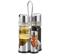 Texvora 4 Piece Kitchen Condiment Set Including Salt And Pepper Shakers And Oil/Vinegar Dispenser, Glass Bottles In Stainless Steel Stand, Kitchen Countertop Organizer, 4.7 X 4.1 X 8.9 In