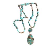 Texvora Boho Long Pendant Necklace, Emperor Stone Water Drop & Hexagon Charm, 33.85-34.64 in / 86-88 cm Natural Stone Beaded, Handmade Bohemian Necklace