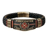 Texvora Firefighter Bracelet with Maltese Cross Emblem, Braided Faux Leather Wristband for Men, Engraved Courage Sacrifice Jewelry, Hero Memorial Gift for Retirement, Anniversary, and Memorial Day
