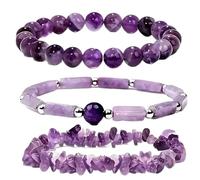 Texvora Synthetic Crystal Bracelets for Women, 3 Pcs Stretch Beaded Jewelry Set, Pillar and Round Bead Design, Amethyst Crystal Look, 7.5 in / 19 cm, Easy to Stack, Share, Layer, and Wear Daily