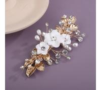 Teyglen White Flower Wedding Hair Clips Crystal Pearl Bridal Hair Barrette for Bride Gold Leaf Headpiece Rhinestone Hair Piece for Women (Gold)