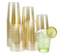 TEYIAN 50Pcs Premium Clear Hard Plastic Cups with Gold Glitter 280ml / 10oz Party Cups Reusable Glasses Plastic Tumblers for Cocktail Champagne Wine Wedding Birthdays Party (Gold)