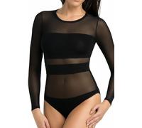 Teyli Women's Bodysuit Viscose Sheer Mesh Stripy Color Black Size M