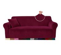 Teynewer Thick Velvet Sofa Covers, 2 Seater Stretch Couch Cover, Red | Non-Slip Plush Soft Sofa Slipcover with 1 Pillowcase, Machine Washable Furniture Protector for Dogs Pets Cats, Living Room
