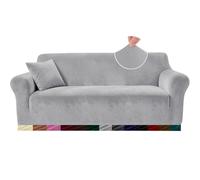 Teynewer Thick Velvet Sofa Covers, 3 Seater Stretch Couch Cover, Light Grey | Non-Slip Plush Soft Sofa Slipcover with 1 Pillowcase, Machine Washable Furniture Protector for Dogs Pets Cats, Living Room