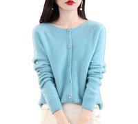 TeysHa Women's Cashmere Cardigan Sweater,Wool Crew Neck Button Down Long Sleeve Cardigan Sweater,Soft Warm Knit Elastic Jumpers (Lake Blue,Large)