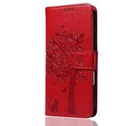 TEYYOS Case Compatible with Motorola Edge 70, Cat & Tree Embossed Phone Case, PU Leather Flip Folio Wallet Case with Card Holder Kickstand Magnetic Closure Cover. Red