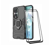 TEYYOS Phone Case + Screen Protector [2 Pack] for Honor 90, TPU/PC Heavy Duty Shockproof Armor Protective Cover [360° Bracket] with Tempered Glass Screen Protector, Black
