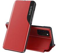 TEYYOS Smart View Flip Cover for Samsung Galaxy A15 5G/4G, Premium Leather Case with Stylish Mirror Clear Display Window, Foldable Kickstand Phone Shell - Red