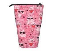 Tezmd Funny Pink Pig Standing Pencil Case Cute Telescopic Stationary Pouch with Zipper Large Capacity Stand up Pen Bag Portable Makeup Holder for School Office Supplies