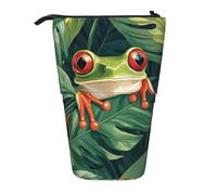 Tezmd Green Frog Standing Pencil Case Cute Telescopic Stationary Pouch with Zipper Large Capacity Stand up Pen Bag Portable Makeup Holder for School Office Supplies