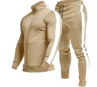 TEZO Men's Casual Active Tracksuits Full Zip Sports Jogging Suits Sets Athletic Running 2 Piece Sweatsuits with Zip Pockets, Khaki+white, Small