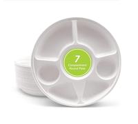 Tezraftaar® 100 x Bagasse Compartment Plates 7 Compartment (11") White Biodegradable Section Plates for Picnic Traveling Catering Camping Parties Supply