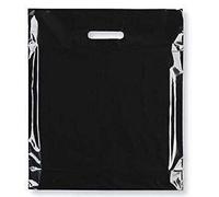 Tezraftaar® 100 x Patch Handle Carrier Bags 15" x 18" x 3" Black Reusable Plastic Shopping Bag for Carry Cloths Takeaway