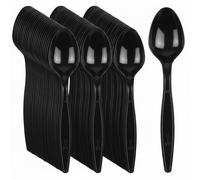 Tezraftaar® 300 x Tithe Heavy Duty Plastic Spoons Reusable Black Cutlery Set BPA Free Durable Catering Wedding Kids Parties Picnic Traveling