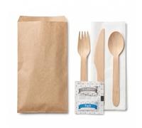 Tezraftaar® 50 x Individually Wrapped Wooden Cutlery 6 Piece Set Fork Knife Spoon 2 Ply White Paper Napkin Salt Pepper Packets for Catering Parties