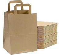 Tezraftaar® 50 x Paper Bags with Flat Handle 22cm x 25cm x 11cm (Medium) Brown Kraft Carrier Bags for Carry Cloths Shopping Parties
