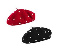 Tezuyok 2 Pcs Winter Wool Berets Pearl French Style Beanie Cap Solid Color Winter Hat Beaded Beret Cap for Women and Girls Casual Use （Black, Red）, Red, 0